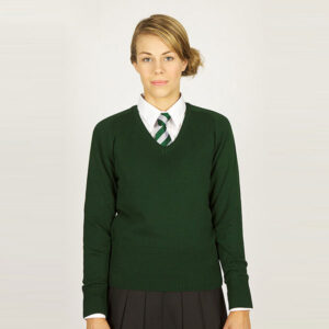 Girls Bottle Green V-Neck Knited Jumper